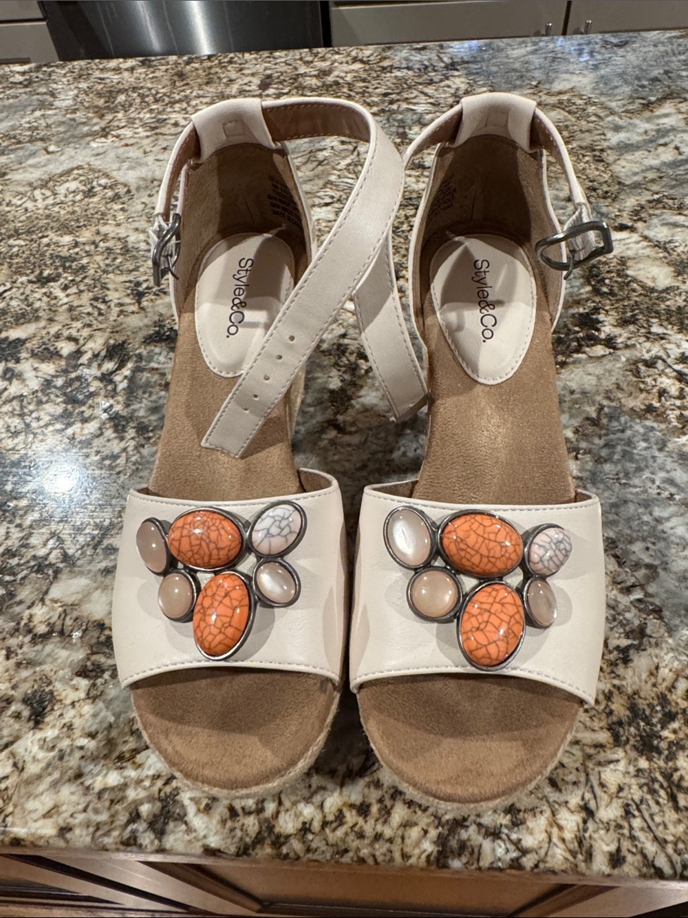 Style & Co. Cream Ankle-Strap Sandals with Orange Stone Accents